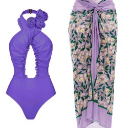 Backless Flower Print Flower Shape Hollow Cover-Ups&One-Piece Swimwear