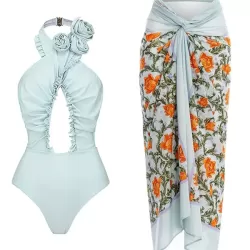 Backless Flower Print Flower Shape Hollow Cover-Ups&One-Piece Swimwear