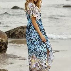 V-Neck Leopard Drawstring Short Sleeve Loose Cover-Up Swimwear