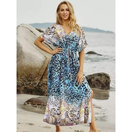 V-Neck Leopard Drawstring Short Sleeve Loose Cover-Up Swimwear V-Neck Leopard Drawstring Short Sleeve Loose Cover-Up Swimwear