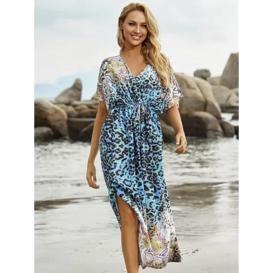V-Neck Leopard Drawstring Short Sleeve Loose Cover-Up Swimwear V-Neck Leopard Drawstring Short Sleeve Loose Cover-Up Swimwear