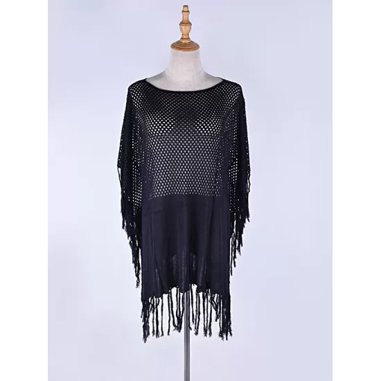 Solid Color Hollow Split-Joint Tasseled Crochetgo Bat Sleeve Cover-Ups Tops Solid Color Hollow Split-Joint Tasseled Crochetgo Bat Sleeve Cover-Ups Tops
