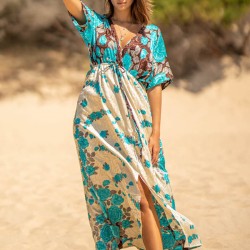 Short Sleeve Floral V-Neck Drawstring Midi Dress Cover-Up Swimwear