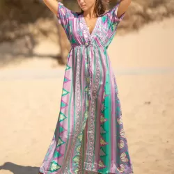 Short Sleeve Floral V-Neck Drawstring Midi Dress Cover-Up Swimwear