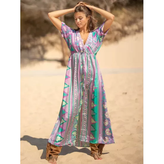 Short Sleeve Floral V-Neck Drawstring Midi Dress Cover-Up Swimwear Short Sleeve Floral V-Neck Drawstring Midi Dress Cover-Up Swimwear