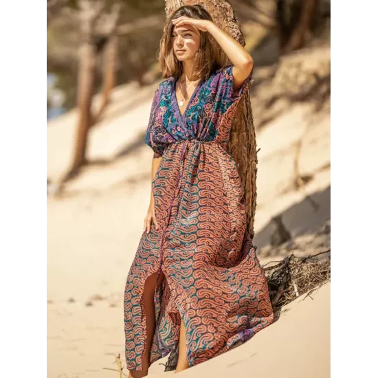 Short Sleeve Floral V-Neck Drawstring Midi Dress Cover-Up Swimwear Short Sleeve Floral V-Neck Drawstring Midi Dress Cover-Up Swimwear