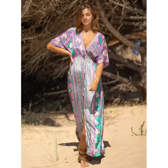 Short Sleeve Floral V-Neck Drawstring Midi Dress Cover-Up Swimwear Short Sleeve Floral V-Neck Drawstring Midi Dress Cover-Up Swimwear