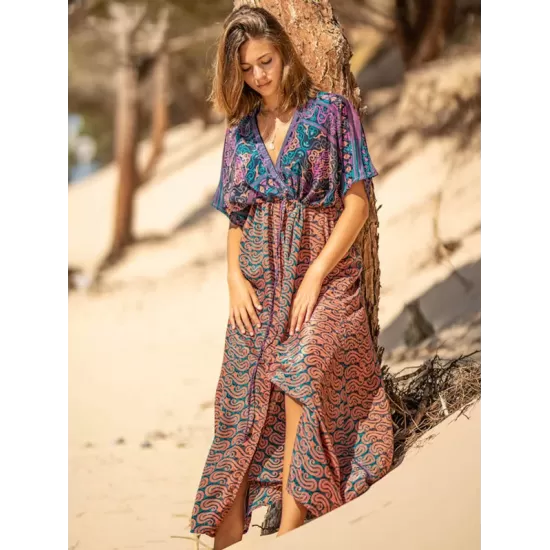 Short Sleeve Floral V-Neck Drawstring Midi Dress Cover-Up Swimwear Short Sleeve Floral V-Neck Drawstring Midi Dress Cover-Up Swimwear