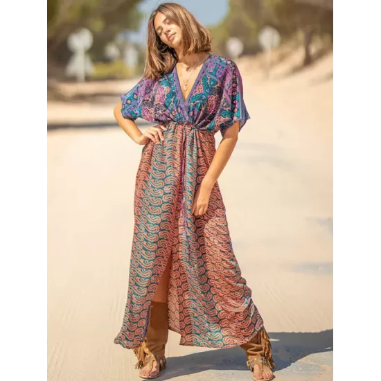 Short Sleeve Floral V-Neck Drawstring Midi Dress Cover-Up Swimwear Short Sleeve Floral V-Neck Drawstring Midi Dress Cover-Up Swimwear
