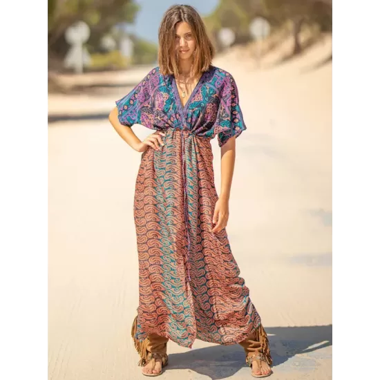 Short Sleeve Floral V-Neck Drawstring Midi Dress Cover-Up Swimwear Short Sleeve Floral V-Neck Drawstring Midi Dress Cover-Up Swimwear