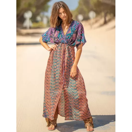 Short Sleeve Floral V-Neck Drawstring Midi Dress Cover-Up Swimwear Short Sleeve Floral V-Neck Drawstring Midi Dress Cover-Up Swimwear