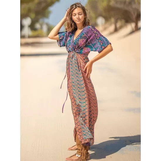 Short Sleeve Floral V-Neck Drawstring Midi Dress Cover-Up Swimwear Short Sleeve Floral V-Neck Drawstring Midi Dress Cover-Up Swimwear