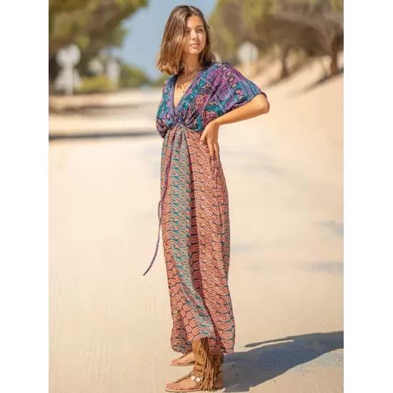 Short Sleeve Floral V-Neck Drawstring Midi Dress Cover-Up Swimwear Short Sleeve Floral V-Neck Drawstring Midi Dress Cover-Up Swimwear