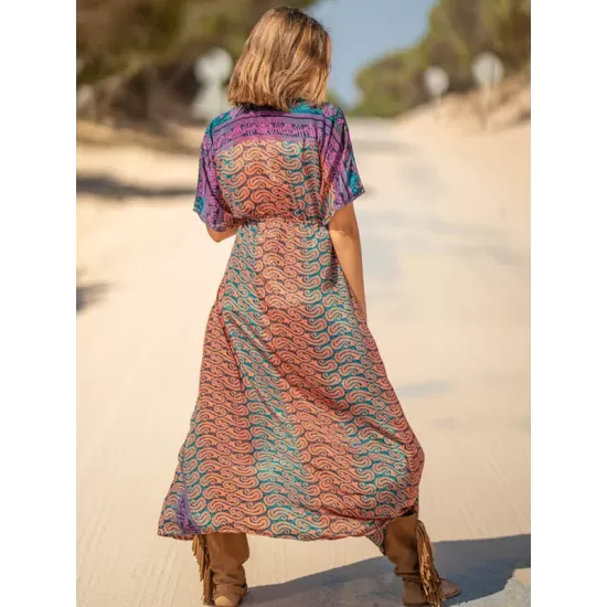 Short Sleeve Floral V-Neck Drawstring Midi Dress Cover-Up Swimwear Short Sleeve Floral V-Neck Drawstring Midi Dress Cover-Up Swimwear