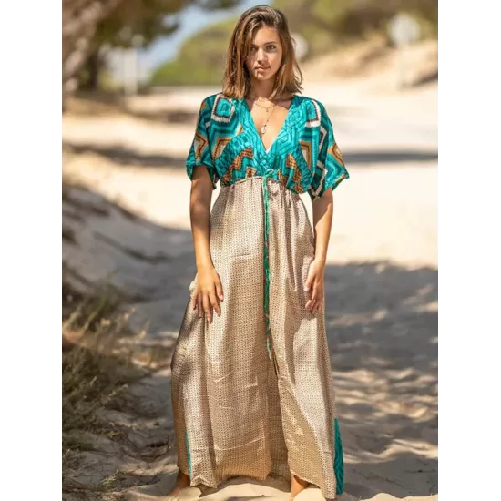 Short Sleeve Floral V-Neck Drawstring Midi Dress Cover-Up Swimwear Short Sleeve Floral V-Neck Drawstring Midi Dress Cover-Up Swimwear