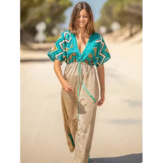 Short Sleeve Floral V-Neck Drawstring Midi Dress Cover-Up Swimwear Short Sleeve Floral V-Neck Drawstring Midi Dress Cover-Up Swimwear