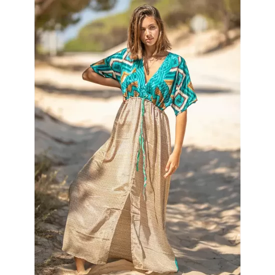 Short Sleeve Floral V-Neck Drawstring Midi Dress Cover-Up Swimwear Short Sleeve Floral V-Neck Drawstring Midi Dress Cover-Up Swimwear