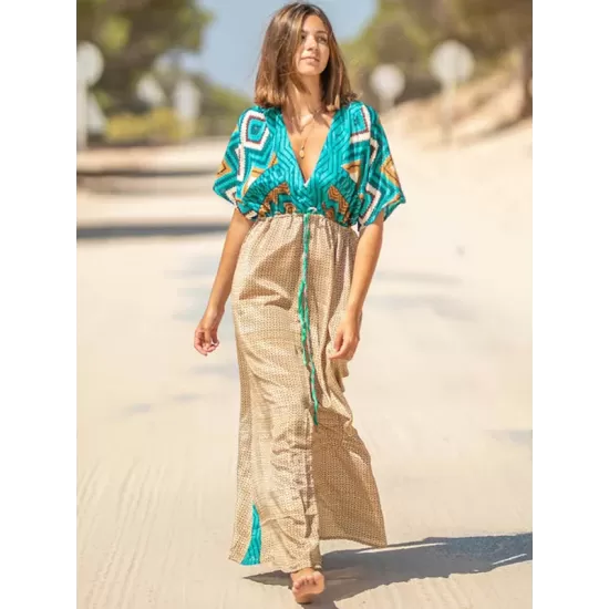 Short Sleeve Floral V-Neck Drawstring Midi Dress Cover-Up Swimwear Short Sleeve Floral V-Neck Drawstring Midi Dress Cover-Up Swimwear