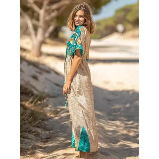 Short Sleeve Floral V-Neck Drawstring Midi Dress Cover-Up Swimwear Short Sleeve Floral V-Neck Drawstring Midi Dress Cover-Up Swimwear