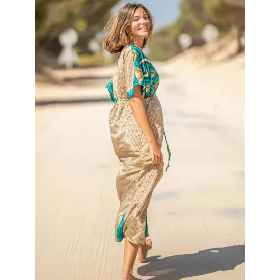 Short Sleeve Floral V-Neck Drawstring Midi Dress Cover-Up Swimwear Short Sleeve Floral V-Neck Drawstring Midi Dress Cover-Up Swimwear
