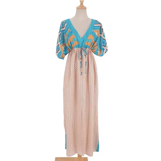 Short Sleeve Floral V-Neck Drawstring Midi Dress Cover-Up Swimwear Short Sleeve Floral V-Neck Drawstring Midi Dress Cover-Up Swimwear