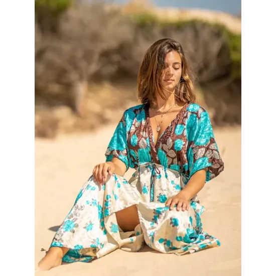 Short Sleeve Floral V-Neck Drawstring Midi Dress Cover-Up Swimwear Short Sleeve Floral V-Neck Drawstring Midi Dress Cover-Up Swimwear