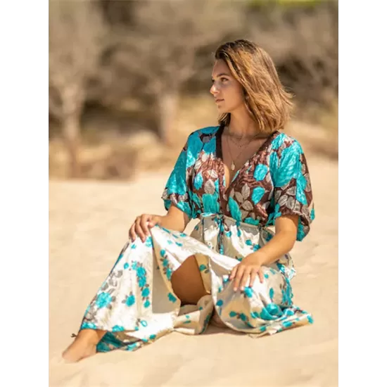 Short Sleeve Floral V-Neck Drawstring Midi Dress Cover-Up Swimwear Short Sleeve Floral V-Neck Drawstring Midi Dress Cover-Up Swimwear
