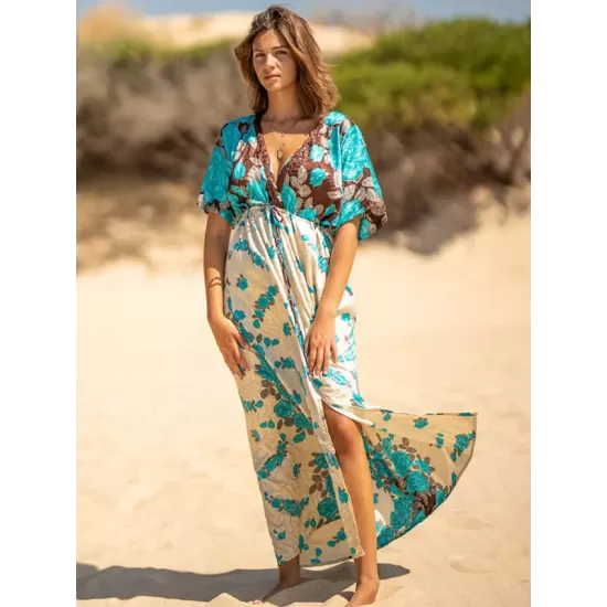 Short Sleeve Floral V-Neck Drawstring Midi Dress Cover-Up Swimwear Short Sleeve Floral V-Neck Drawstring Midi Dress Cover-Up Swimwear