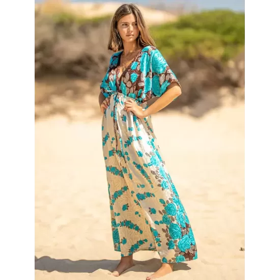 Short Sleeve Floral V-Neck Drawstring Midi Dress Cover-Up Swimwear Short Sleeve Floral V-Neck Drawstring Midi Dress Cover-Up Swimwear