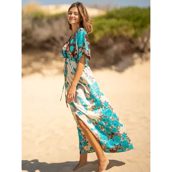 Short Sleeve Floral V-Neck Drawstring Midi Dress Cover-Up Swimwear Short Sleeve Floral V-Neck Drawstring Midi Dress Cover-Up Swimwear