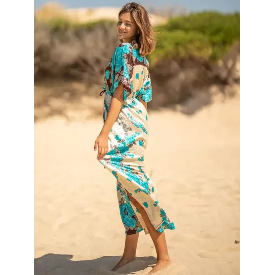 Short Sleeve Floral V-Neck Drawstring Midi Dress Cover-Up Swimwear Short Sleeve Floral V-Neck Drawstring Midi Dress Cover-Up Swimwear