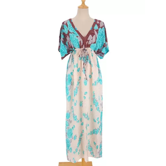 Short Sleeve Floral V-Neck Drawstring Midi Dress Cover-Up Swimwear Short Sleeve Floral V-Neck Drawstring Midi Dress Cover-Up Swimwear