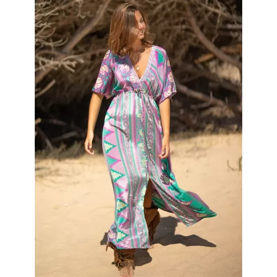 Short Sleeve Floral V-Neck Drawstring Midi Dress Cover-Up Swimwear Short Sleeve Floral V-Neck Drawstring Midi Dress Cover-Up Swimwear