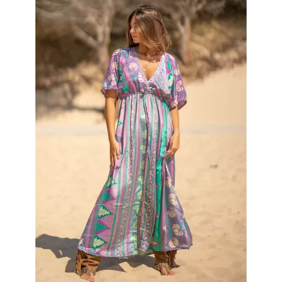 Short Sleeve Floral V-Neck Drawstring Midi Dress Cover-Up Swimwear Short Sleeve Floral V-Neck Drawstring Midi Dress Cover-Up Swimwear