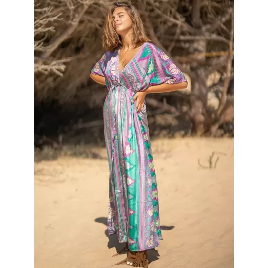 Short Sleeve Floral V-Neck Drawstring Midi Dress Cover-Up Swimwear Short Sleeve Floral V-Neck Drawstring Midi Dress Cover-Up Swimwear
