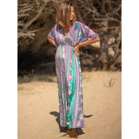 Short Sleeve Floral V-Neck Drawstring Midi Dress Cover-Up Swimwear Short Sleeve Floral V-Neck Drawstring Midi Dress Cover-Up Swimwear