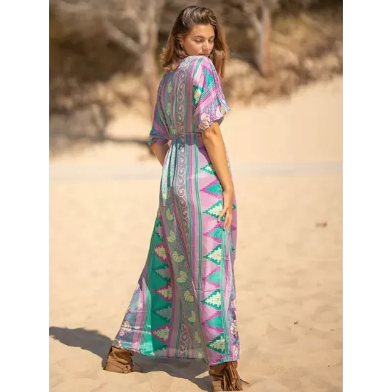 Short Sleeve Floral V-Neck Drawstring Midi Dress Cover-Up Swimwear Short Sleeve Floral V-Neck Drawstring Midi Dress Cover-Up Swimwear