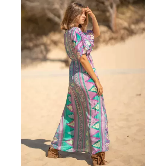 Short Sleeve Floral V-Neck Drawstring Midi Dress Cover-Up Swimwear Short Sleeve Floral V-Neck Drawstring Midi Dress Cover-Up Swimwear