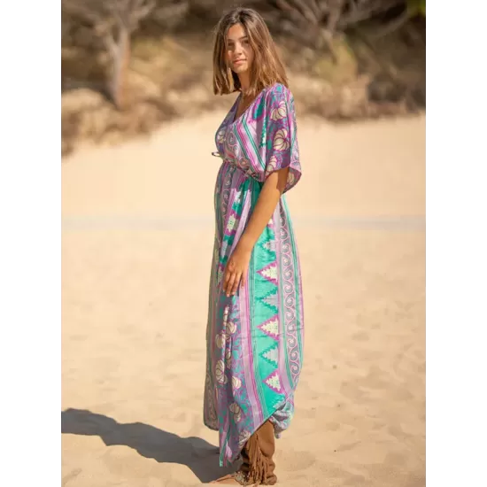 Short Sleeve Floral V-Neck Drawstring Midi Dress Cover-Up Swimwear Short Sleeve Floral V-Neck Drawstring Midi Dress Cover-Up Swimwear