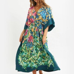 Half Sleeve V-Neck Loose Floral Split-Side Cover-Up Swimwear