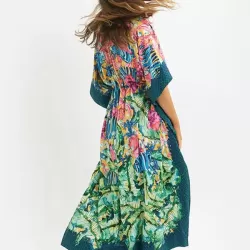 Half Sleeve V-Neck Loose Floral Split-Side Cover-Up Swimwear