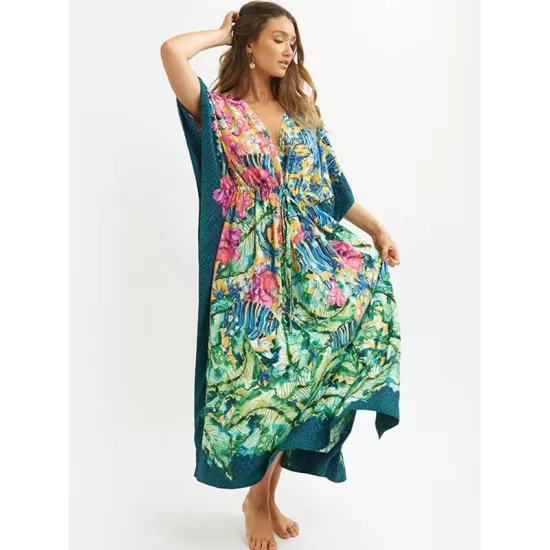 Half Sleeve V-Neck Loose Floral Split-Side Cover-Up Swimwear Half Sleeve V-Neck Loose Floral Split-Side Cover-Up Swimwear