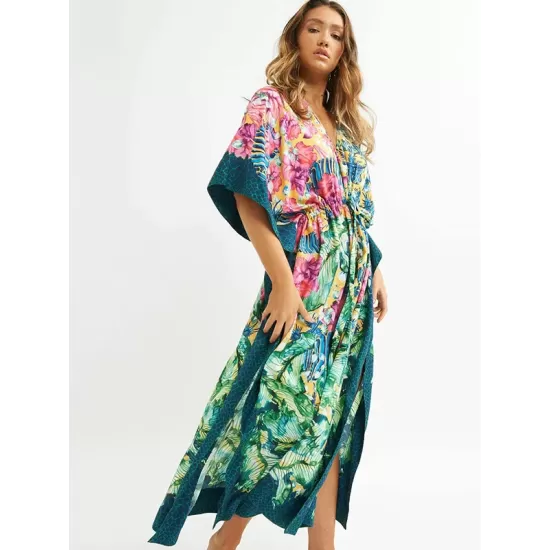 Half Sleeve V-Neck Loose Floral Split-Side Cover-Up Swimwear Half Sleeve V-Neck Loose Floral Split-Side Cover-Up Swimwear