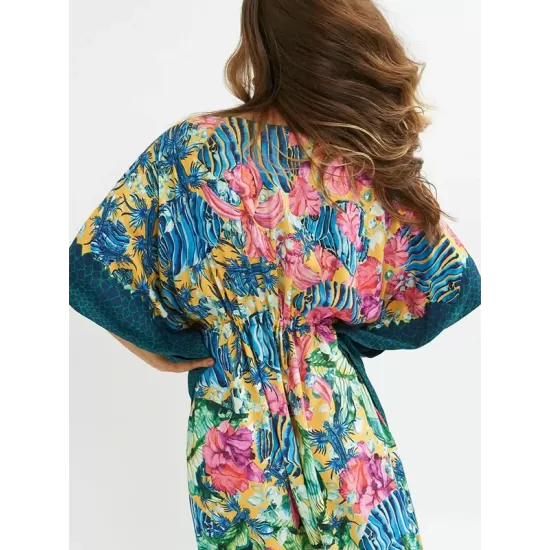 Half Sleeve V-Neck Loose Floral Split-Side Cover-Up Swimwear Half Sleeve V-Neck Loose Floral Split-Side Cover-Up Swimwear