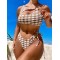Padded Color-Block Hollow Striped Bikini Swimsuit