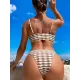 Padded Color-Block Hollow Striped Bikini Swimsuit Padded Color-Block Hollow Striped Bikini Swimsuit