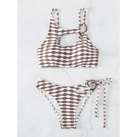Padded Color-Block Hollow Striped Bikini Swimsuit Padded Color-Block Hollow Striped Bikini Swimsuit