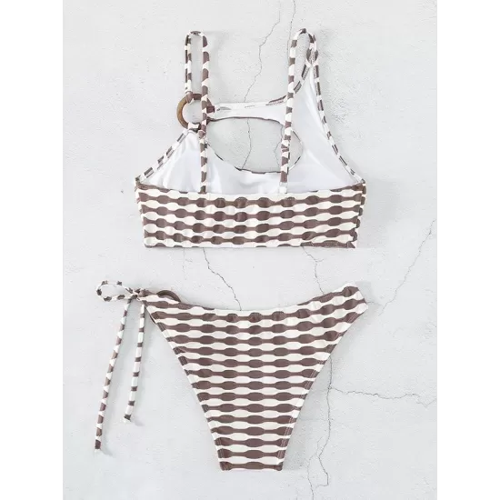 Padded Color-Block Hollow Striped Bikini Swimsuit Padded Color-Block Hollow Striped Bikini Swimsuit