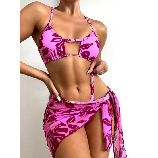Floral Print Hollow Backless Bikini Swimwear+Cover-Up Three-Piece Set Floral Print Hollow Backless Bikini Swimwear+Cover-Up Three-Piece Set