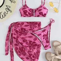 Floral Print Hollow Backless Bikini Swimwear+Cover-Up Three-Piece Set